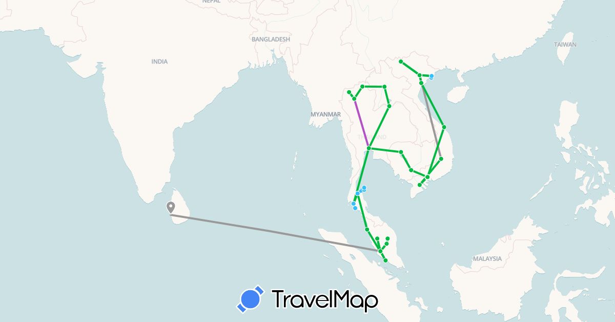 TravelMap itinerary: driving, bus, plane, train, boat in Cambodia, Laos, Sri Lanka, Malaysia, Thailand, Vietnam (Asia)